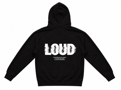 Schwarzer Hoodie von KNOWN, Rückseite mit weißem LOUD Schriftzug